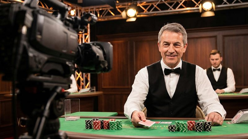 Half-moon live dealer table with a card shoe on the felt