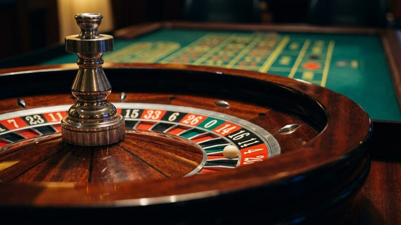 A European single-zero roulette wheel with the ball at rest in a pocket