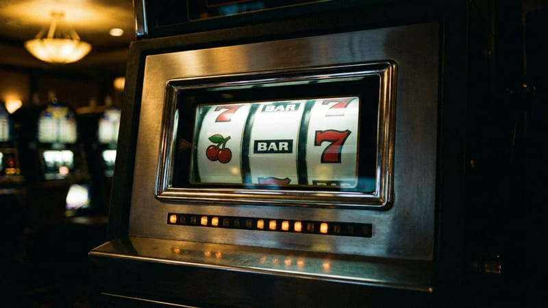 The lit reel window of a slot machine cabinet, showing a cherry, a bar and a seven
