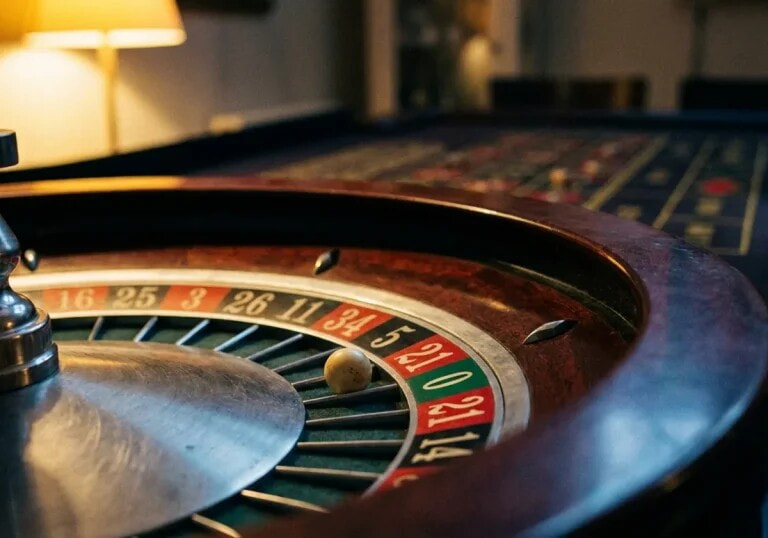 A European single-zero roulette wheel with the ball at rest in a pocket