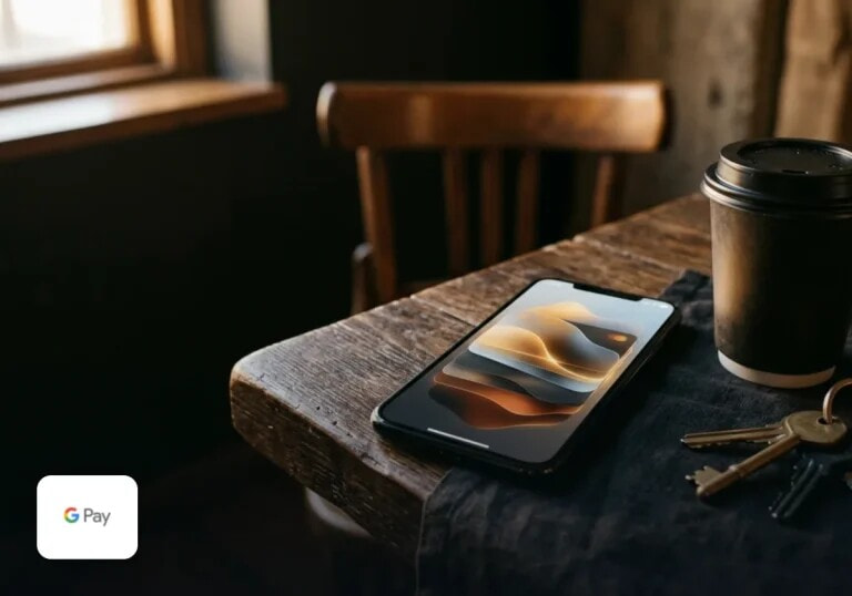 A phone on a cafe table beside a coffee cup and keys.