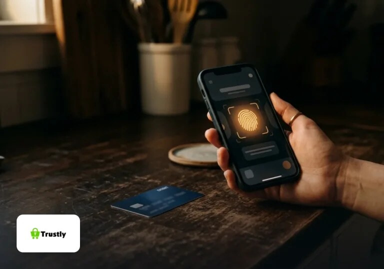 A phone showing a bank login beside a card on a kitchen counter.