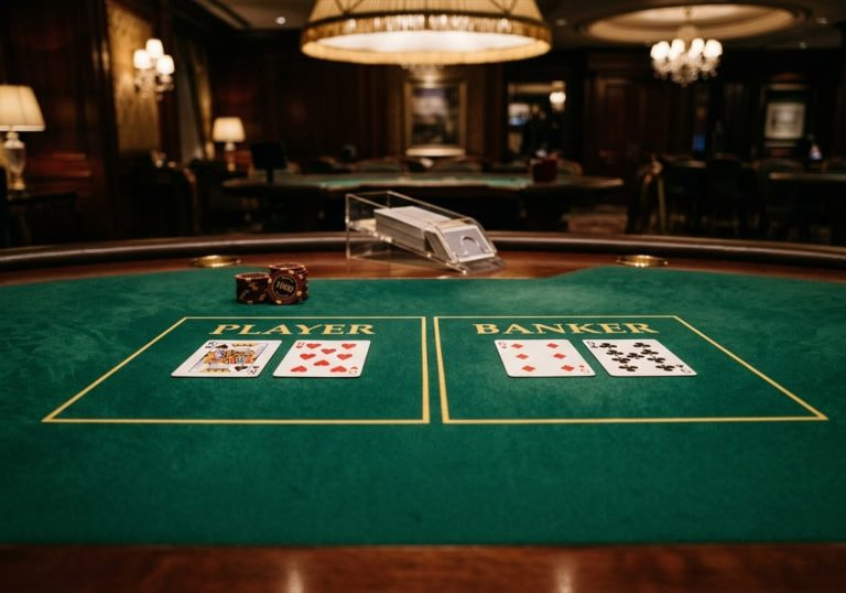 A baccarat table: two cards face up in the Player box and two in the Banker box on green baize, the dealing shoe behind them