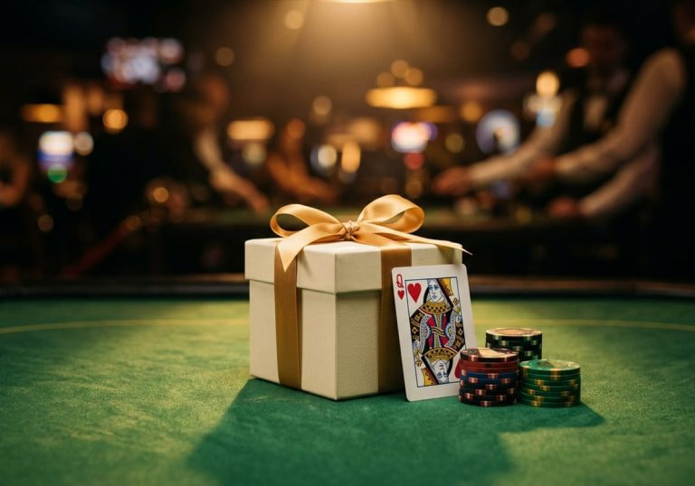 A gift box with a gold ribbon beside casino chips and a playing card on green baize