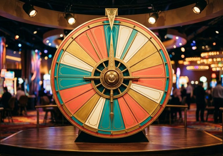 A colourful upright game-show money wheel in a bright live-casino studio