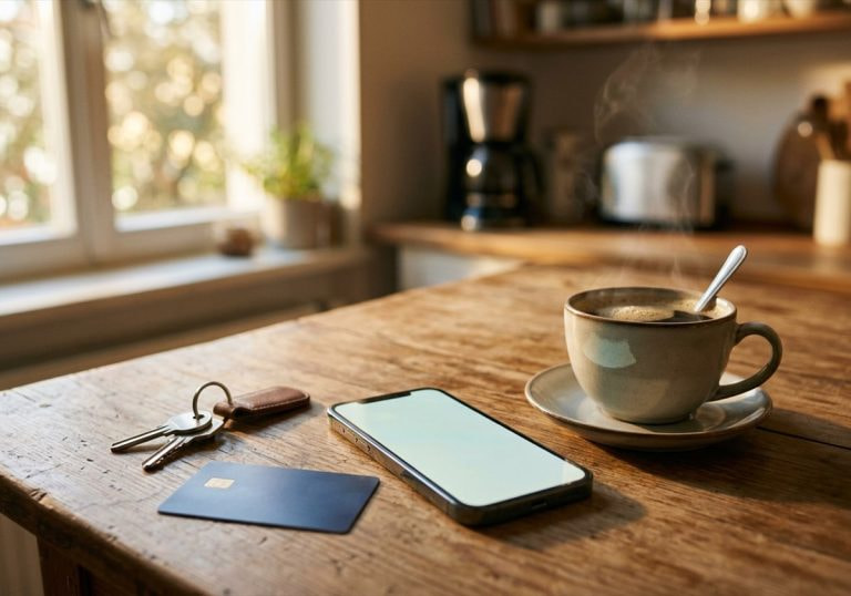 A smartphone, a debit card and a cup of coffee on a kitchen table in morning light