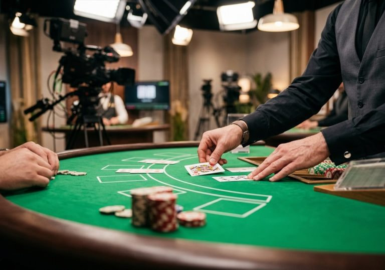A live casino dealer dealing cards on a green table in a broadcast studio