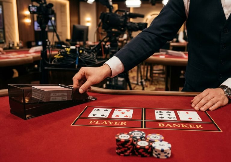 A live casino dealer drawing a baccarat card from a long shoe in a broadcast studio