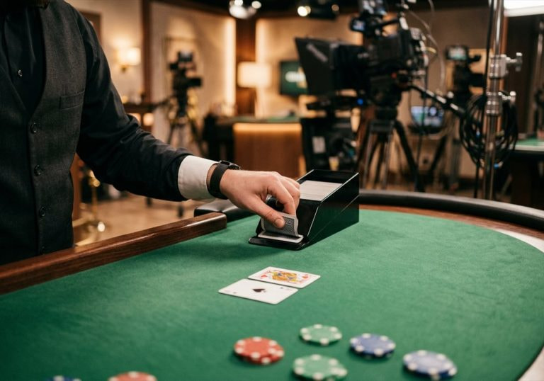 A live casino dealer dealing blackjack cards from a shoe in a broadcast studio