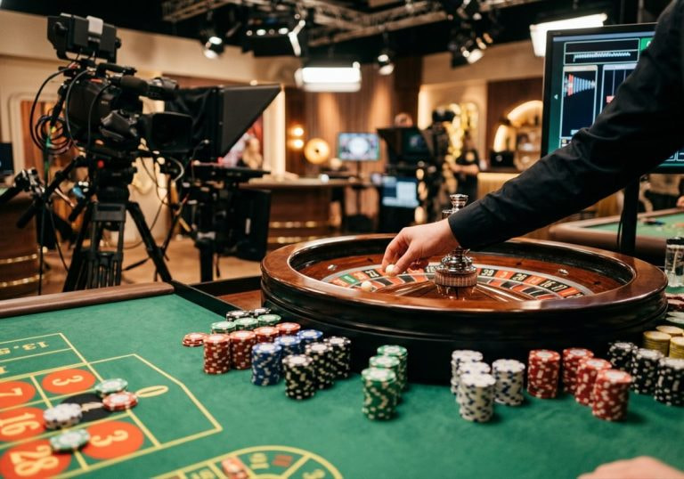 A live casino dealer releasing the ball on a roulette wheel in a broadcast studio