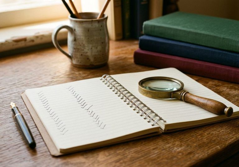 A notebook with tick marks, a magnifying glass and a pen on a desk