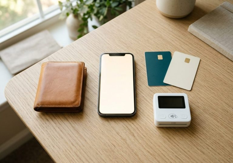 A smartphone, two debit cards, a card terminal and a wallet on a desk