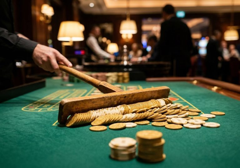 A croupier's rake pushing a payout of casino chips across green baize