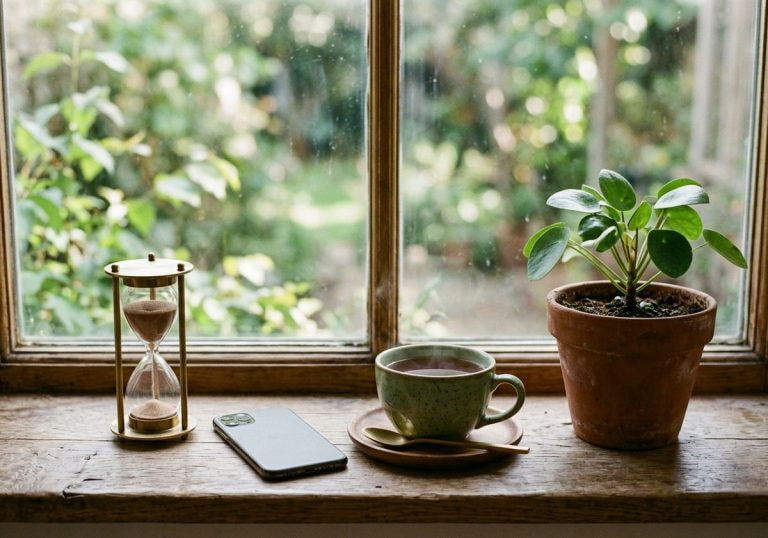 An hourglass, a phone face down and a cup of tea on a windowsill